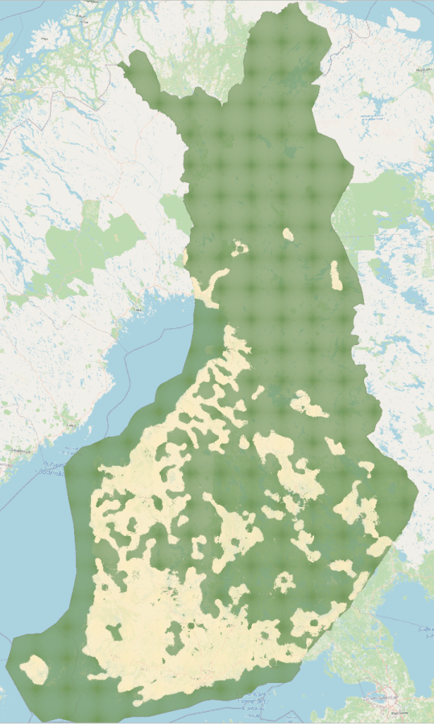 A map depicting the classification of Finland into different types of rural areas.